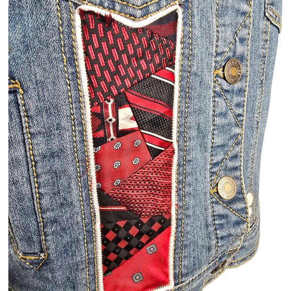 Vintage Upcycled Canyon River Blues Lace Butterfly Tie‎ Patches Jean Jacket XL - Picture 10 of 15